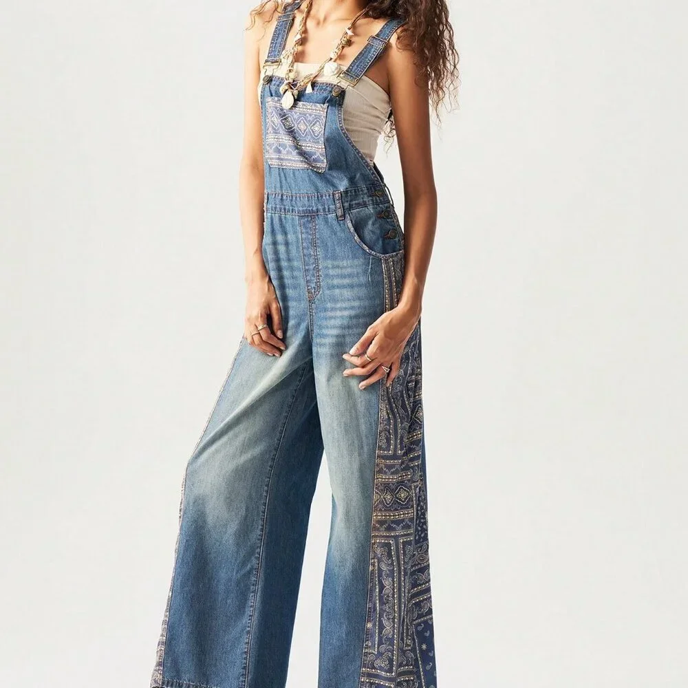 Medium Wash Casual Women's Woven Patchwork Wide-Leg Bib jumpsuit overall Pants - Picture 2 of 9